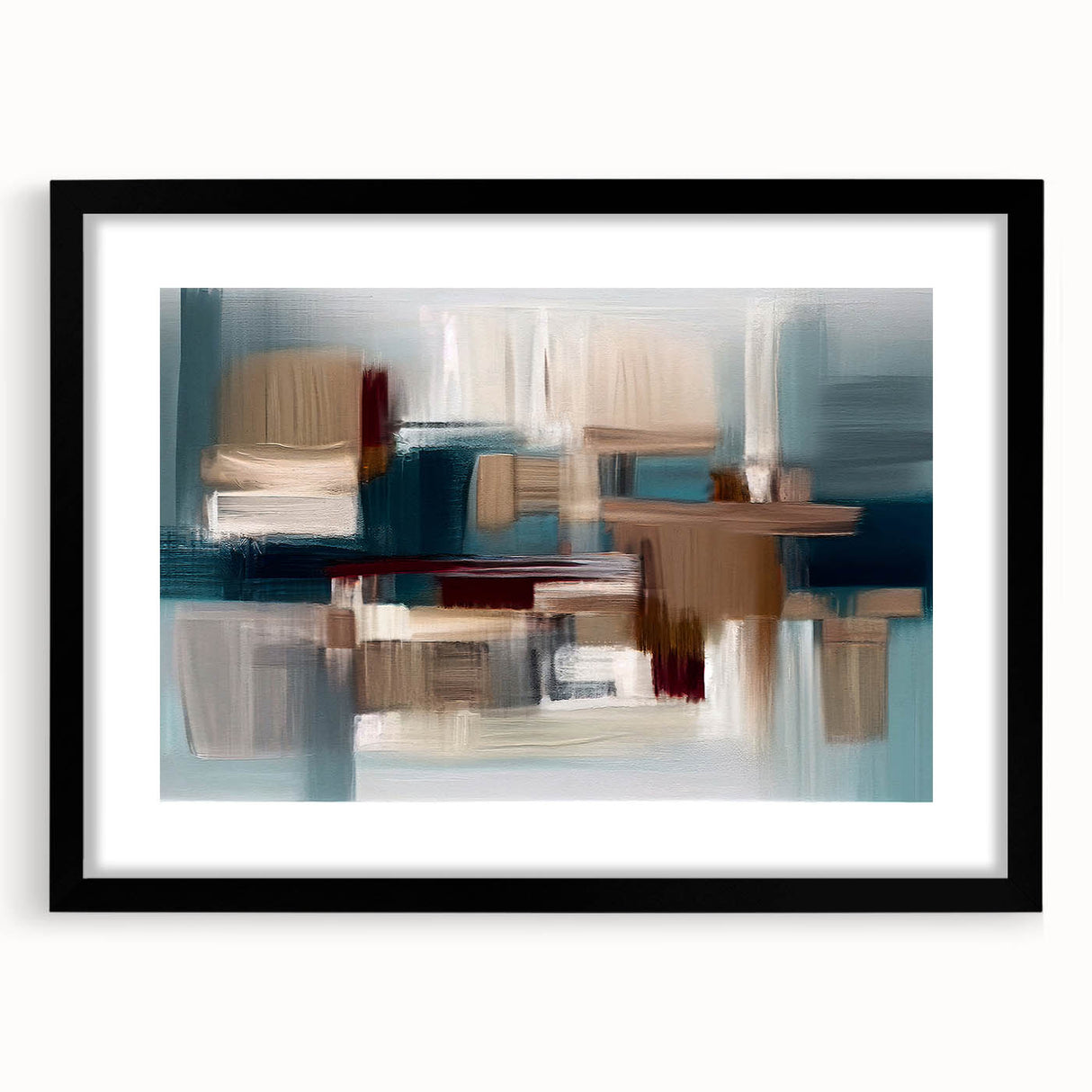 Abstract strokes and lines design in a sleek black frame with mat, showcasing modern wall art perfect for contemporary decor. Ideal for adding sophistication to any room.