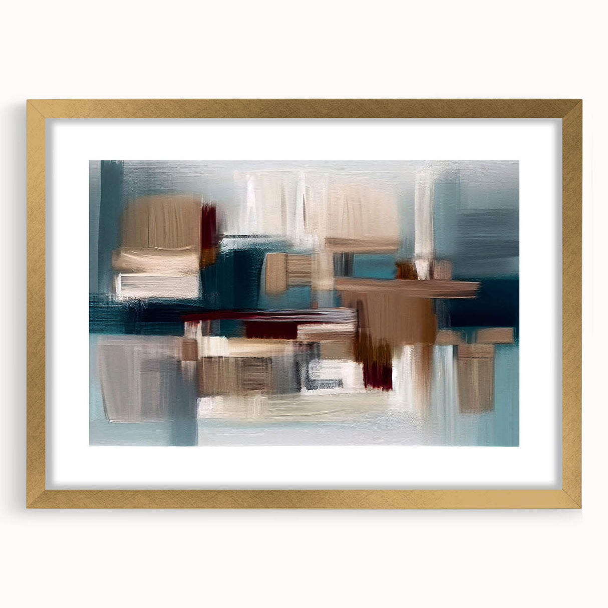 Abstract strokes and lines design in a gold-framed wall art piece, showcasing a modern aesthetic with a mat, perfect for contemporary home decor.