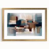Abstract strokes and lines design in a gold-framed wall art piece, showcasing a modern aesthetic with a mat, perfect for contemporary home decor.
