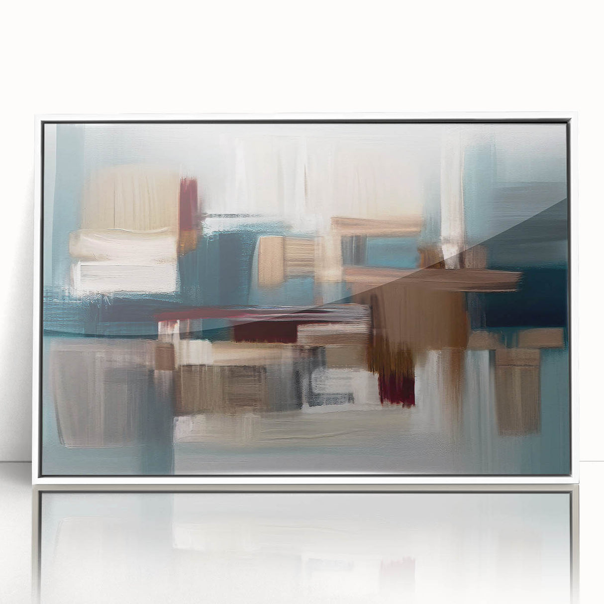 Framed acrylic wall art featuring an abstract design of colorful strokes and lines, set against a white background, perfect for modern home decor.