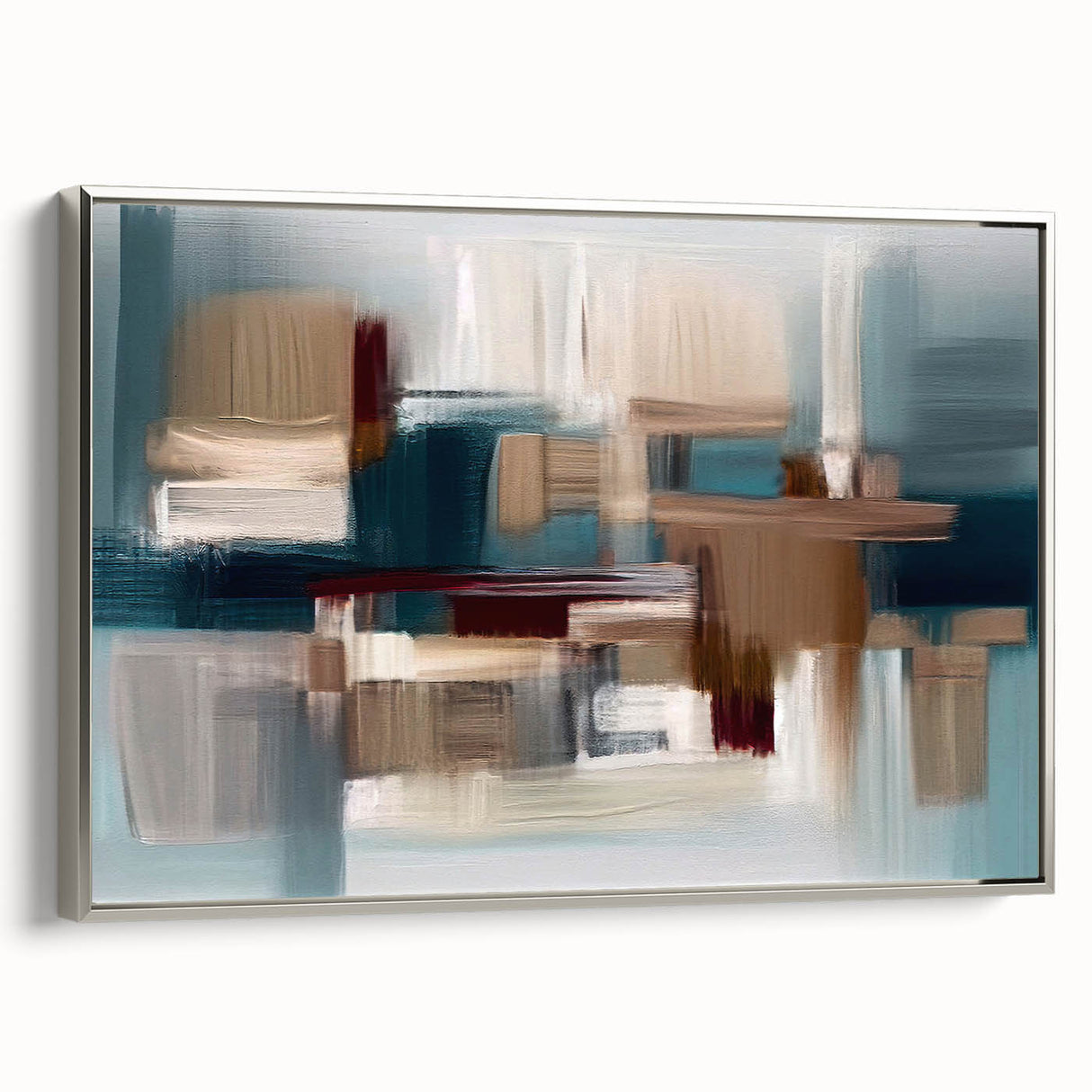 Framed canvas wall art showcasing an abstract design of colorful strokes and lines in a silver frame, ideal for modern home decor.