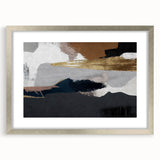 Abstract wall art featuring dynamic strokes and lines in neutral tones, framed with a sleek silver mat, ideal for modern home decor. Perfect for enhancing artistic ambiance.