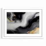 Abstract wall art featuring vibrant strokes and lines in shades of blue, orange, and yellow, framed with a white mat, ideal for modern decor.