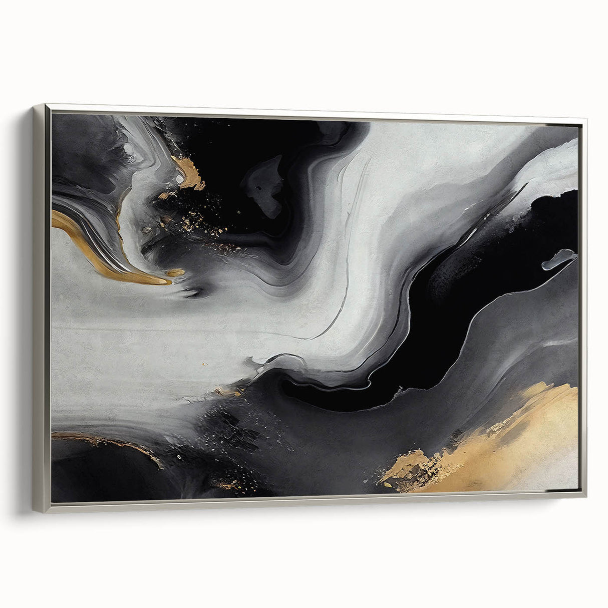 Framed canvas wall art showcasing an abstract design with silver strokes and lines. The sleek side view highlights its modern aesthetic, ideal for contemporary decor.