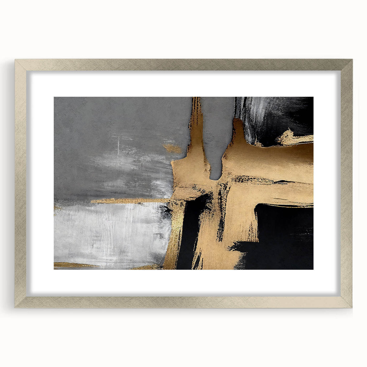 Abstract strokes and lines design wall art featuring a silver frame with matting, showcasing a modern aesthetic perfect for contemporary home decor.