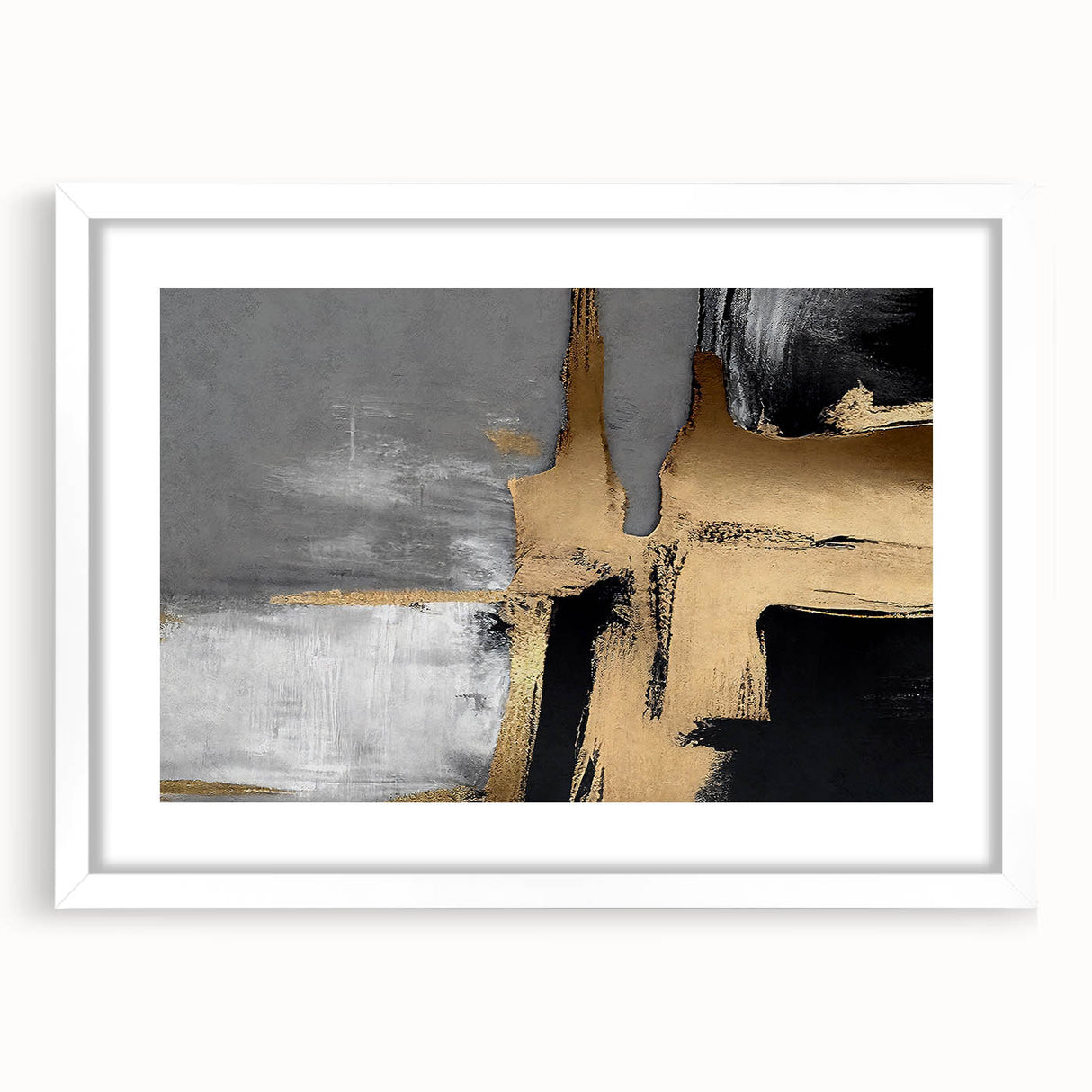 Abstract wall art showcasing a modern design of colorful strokes and lines in a white frame with a mat, perfect for contemporary home decor.