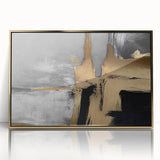 Framed wall art featuring an abstract design of gold strokes and lines on a textured background, ideal for modern decor and enhancing any living space.