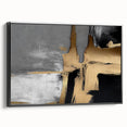 Framed canvas depicting a modern abstract design with bold strokes and lines in black and white, showcasing a stylish side view for contemporary wall decor.