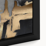 Close-up of a framed canvas showcasing an abstract design with vibrant strokes and lines in shades of blue, yellow, and red, ideal for modern home decor.