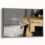 Framed canvas featuring an abstract strokes and lines design in gold tones, showcasing a modern artistic flair perfect for contemporary home decor.