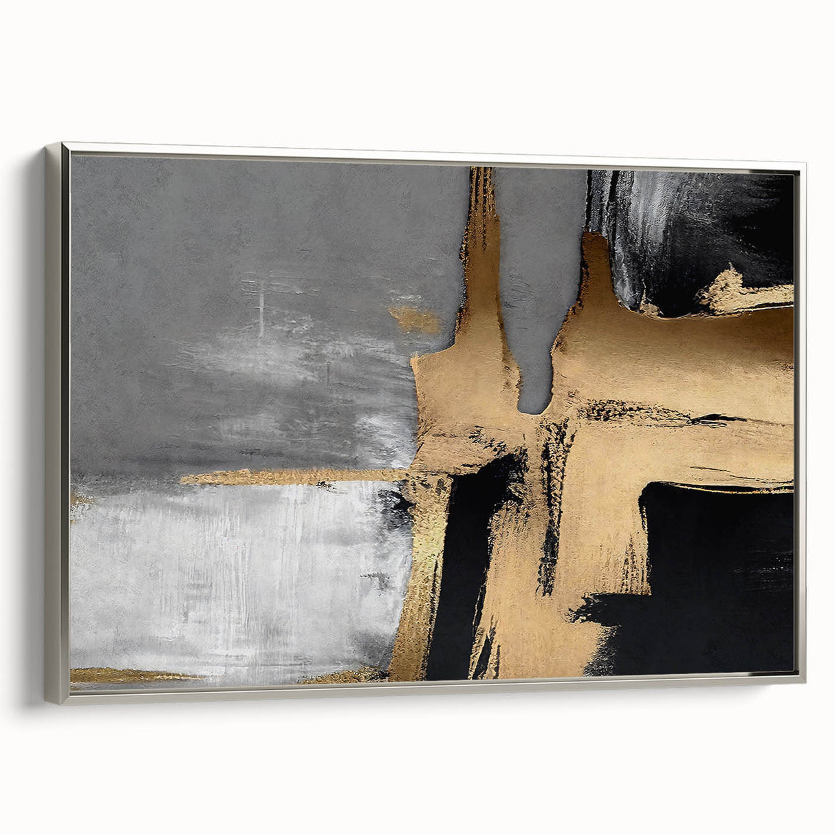 Framed canvas artwork showcasing an abstract design of strokes and lines in shades of blue and gray, accented with a silver frame, ideal for modern decor.