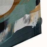 Close-up view of an abstract wall art piece showcasing vibrant strokes and lines in a rich color palette, designed with acrylic glass for a modern aesthetic.