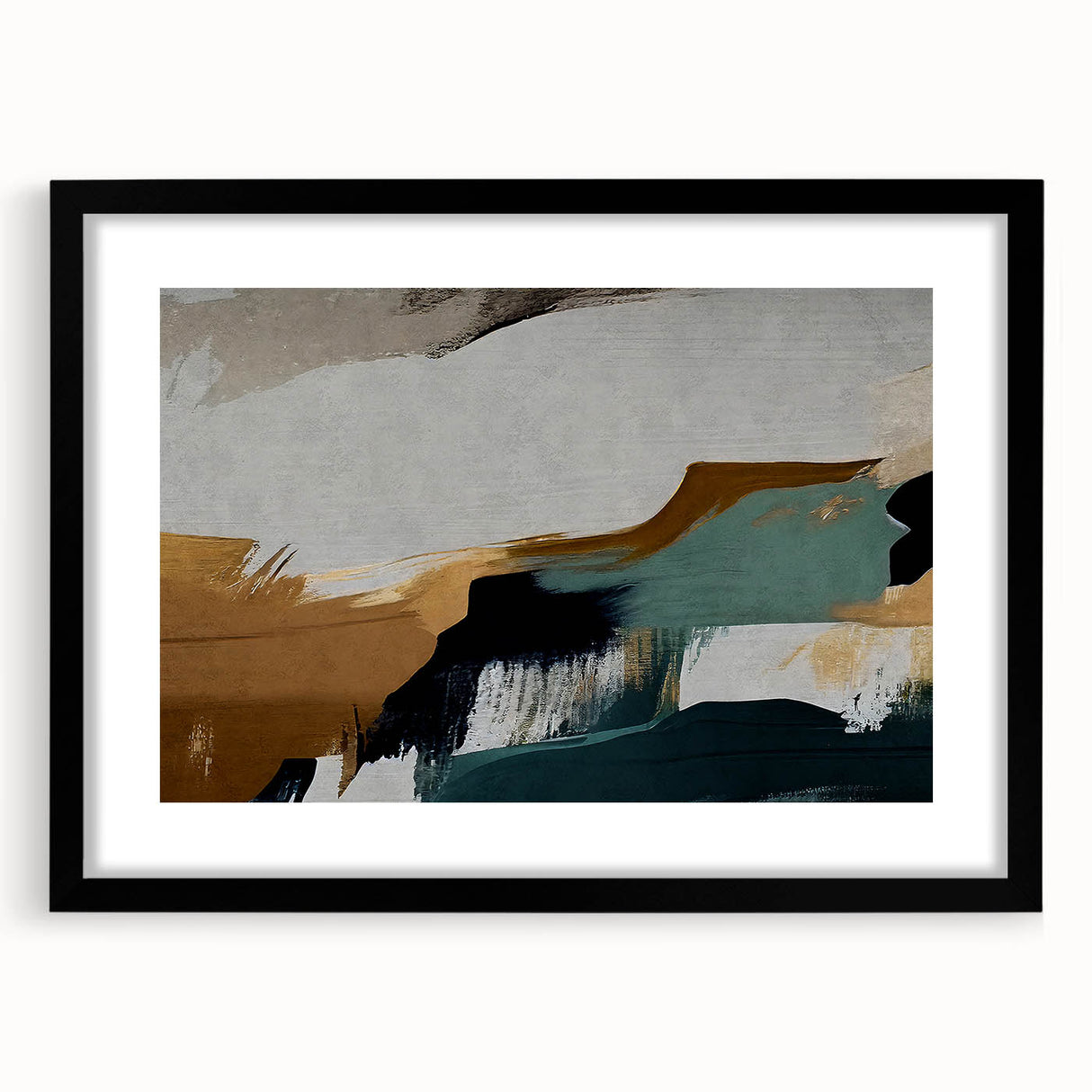 Abstract wall art featuring vibrant strokes and lines in a modern design, framed with a black mat, showcasing a stylish and contemporary aesthetic for home decor.
