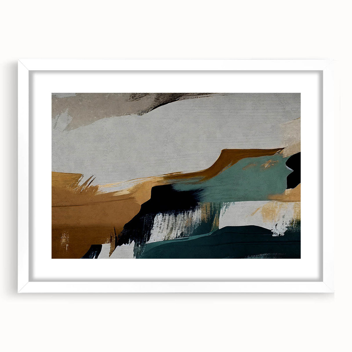Abstract wall art featuring a modern design with colorful strokes and lines in a framed white mat, perfect for contemporary home decor or office spaces.
