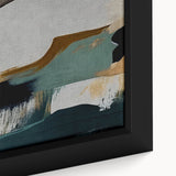 Close-up of a framed canvas featuring a modern abstract design with vibrant strokes and lines in shades of blue, orange, and gold, perfect for contemporary home decor.
