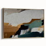 Framed canvas wall art showcasing an abstract design of gold strokes and lines, offering a modern aesthetic. The artwork is presented with a sleek frame, perfect for enhancing contemporary home decor.
