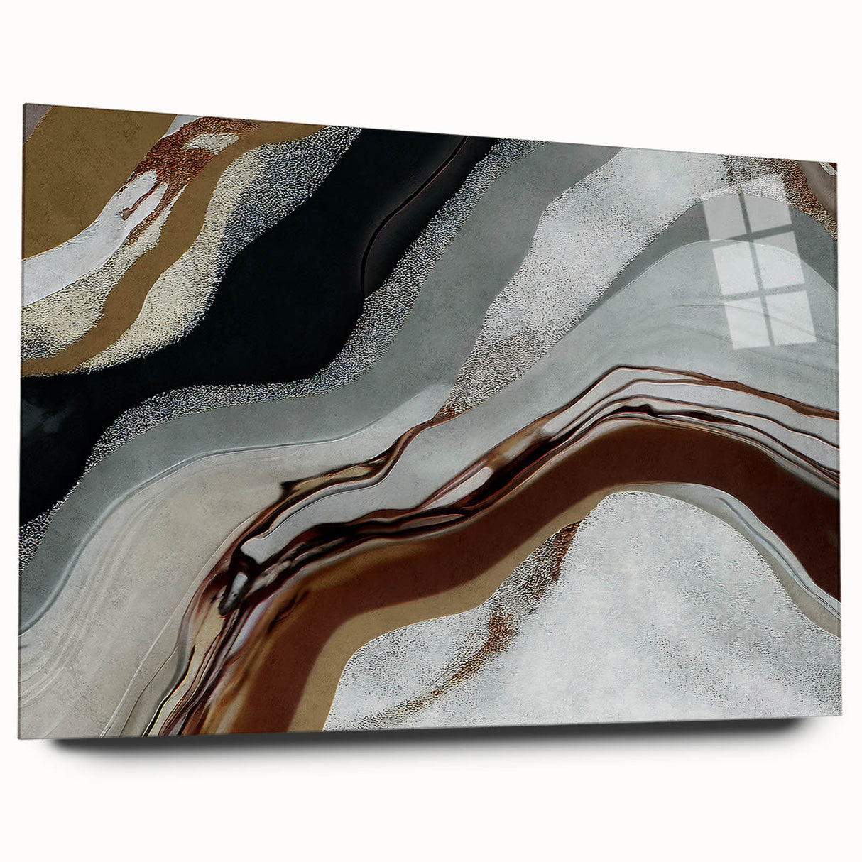 Abstract wall art featuring a modern design of colorful strokes and lines, displayed in a sleek acrylic glass frame, showcasing a side view without pins. This contemporary piece adds a vibrant touch to any interior decor.