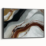 Framed canvas artwork showcasing an abstract design with bold strokes and lines in black, perfect for modern decor. Side view highlights the sleek frame and intricate details.