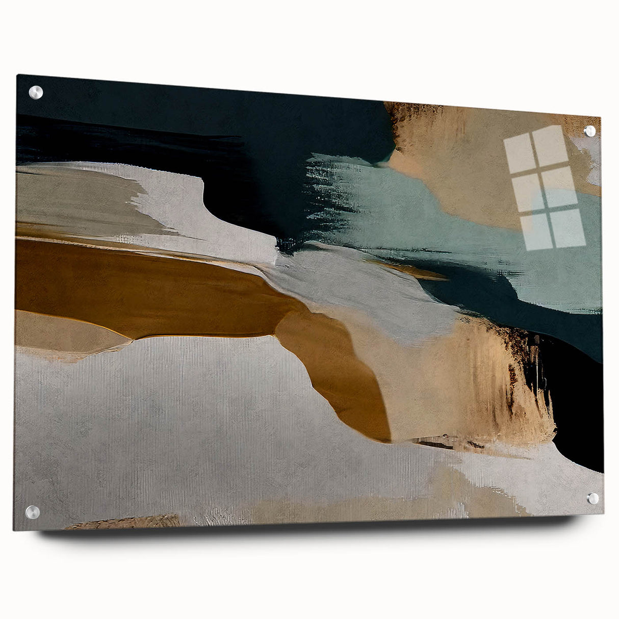 Abstract wall art featuring vibrant strokes and lines in a modern design, displayed in a sleek acrylic frame with pins, showcasing a contemporary aesthetic suitable for modern decor.