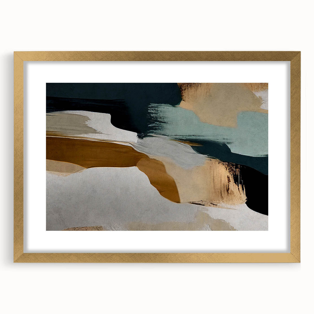 Abstract strokes and lines design wall art featuring a gold frame and mat, showcasing a modern artistic style perfect for contemporary decor settings.
