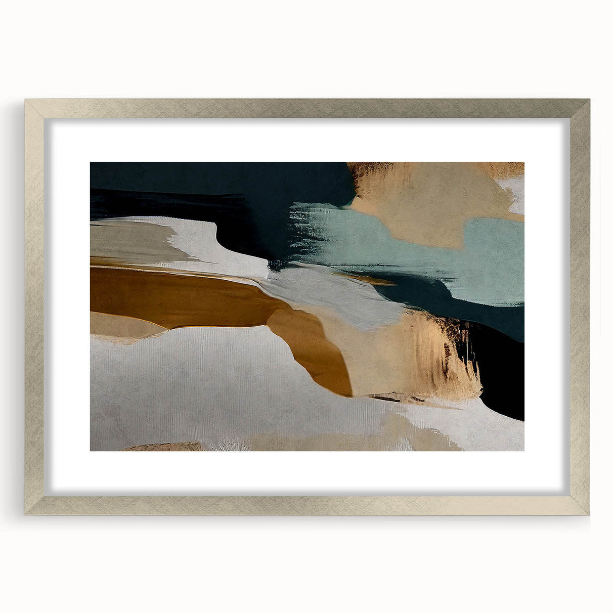 Abstract wall art featuring vibrant strokes and lines in a silver frame with a mat, perfect for modern decor, enhancing any living space with a contemporary touch.