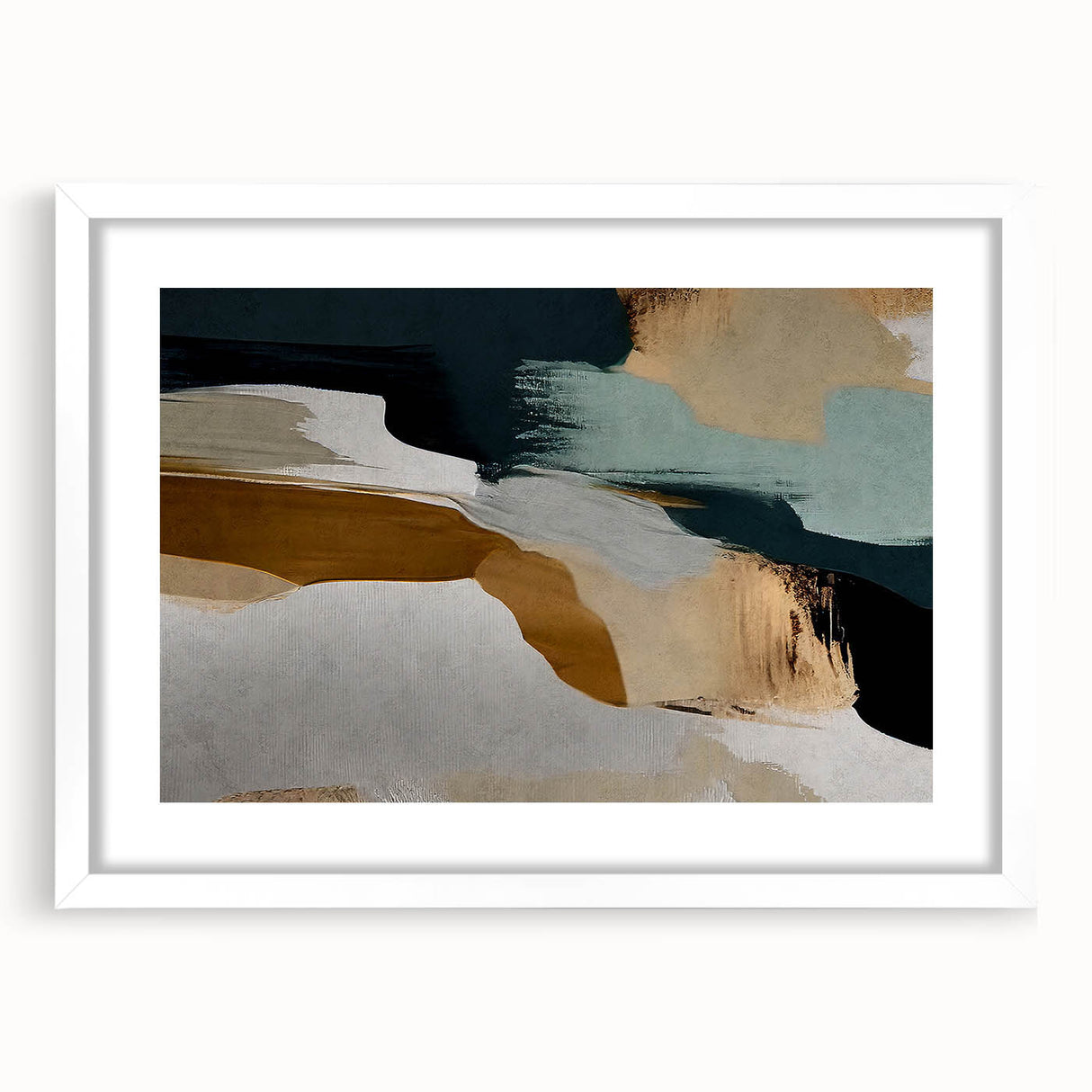 Abstract wall art featuring dynamic strokes and lines in a contemporary design, framed with a white mat, perfect for modern home decor. Ideal for enhancing living spaces with a touch of artistic flair and sophistication.