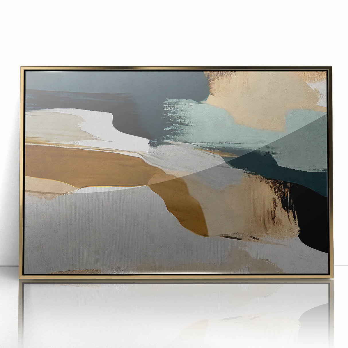 Framed wall art showcasing an abstract design of gold strokes and lines on a sleek acrylic surface, adding elegance to modern decor. Perfect for enhancing contemporary interiors.