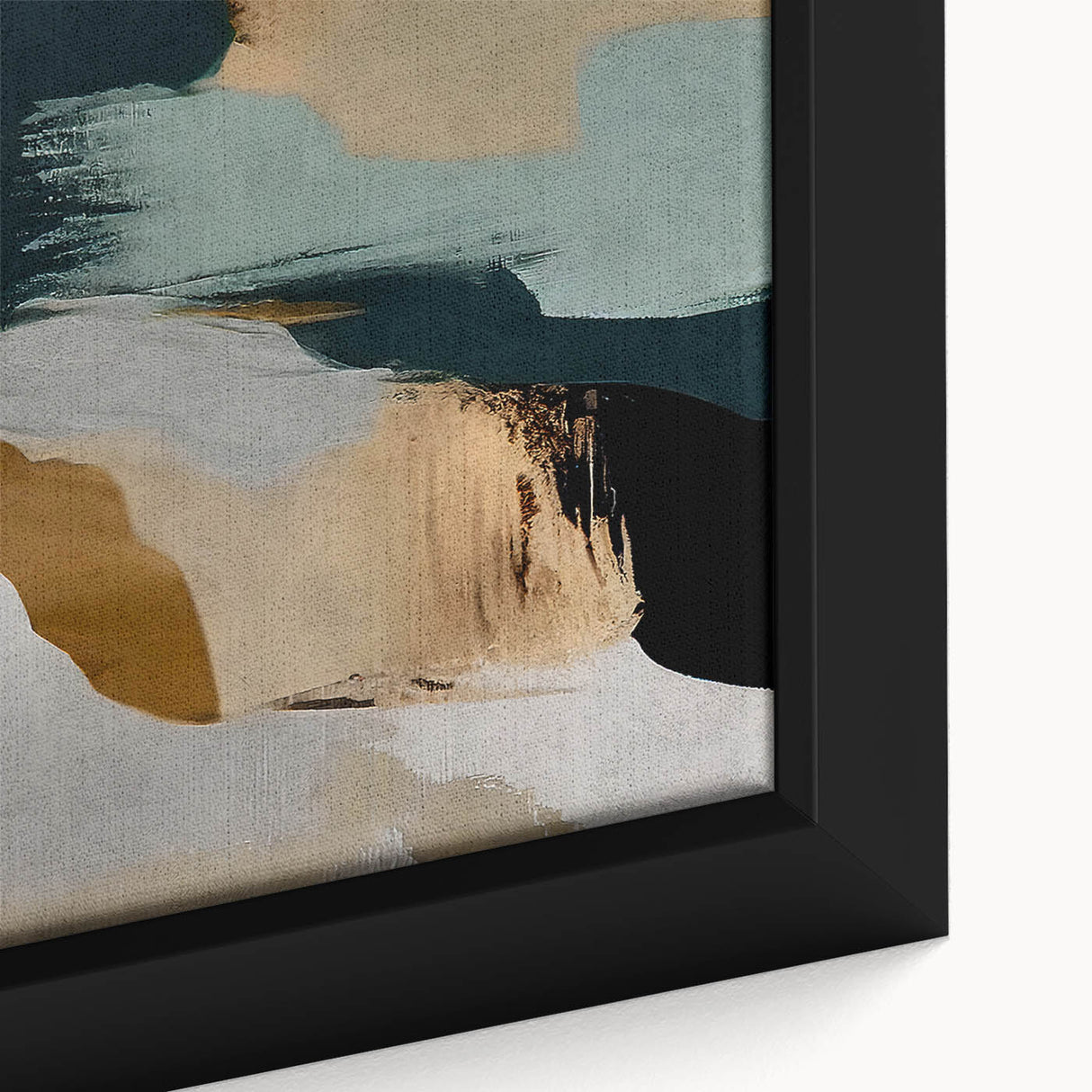 Close-up view of a framed canvas wall art featuring abstract strokes and lines in vibrant colors, showcasing a modern design ideal for contemporary decor.