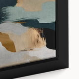 Close-up view of a framed canvas wall art featuring abstract strokes and lines in vibrant colors, showcasing a modern design ideal for contemporary decor.