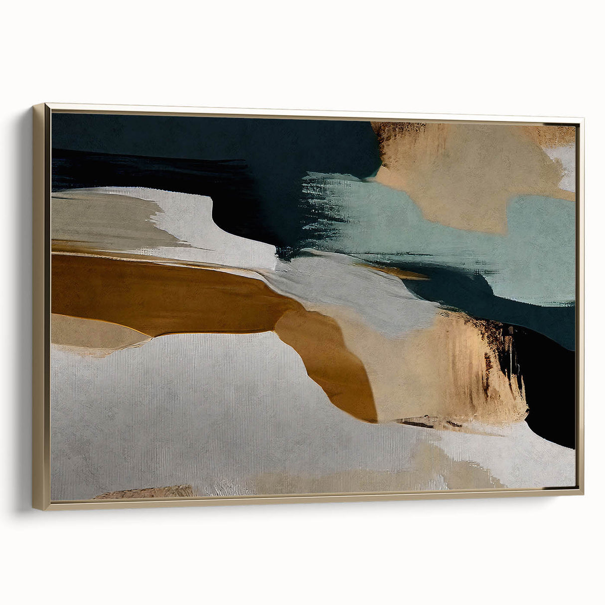 Framed wall art featuring an abstract strokes and lines design in gold, showcasing a modern aesthetic. The canvas is elegantly displayed at a side angle, highlighting its artistic details and frame quality. Perfect for contemporary home decor.