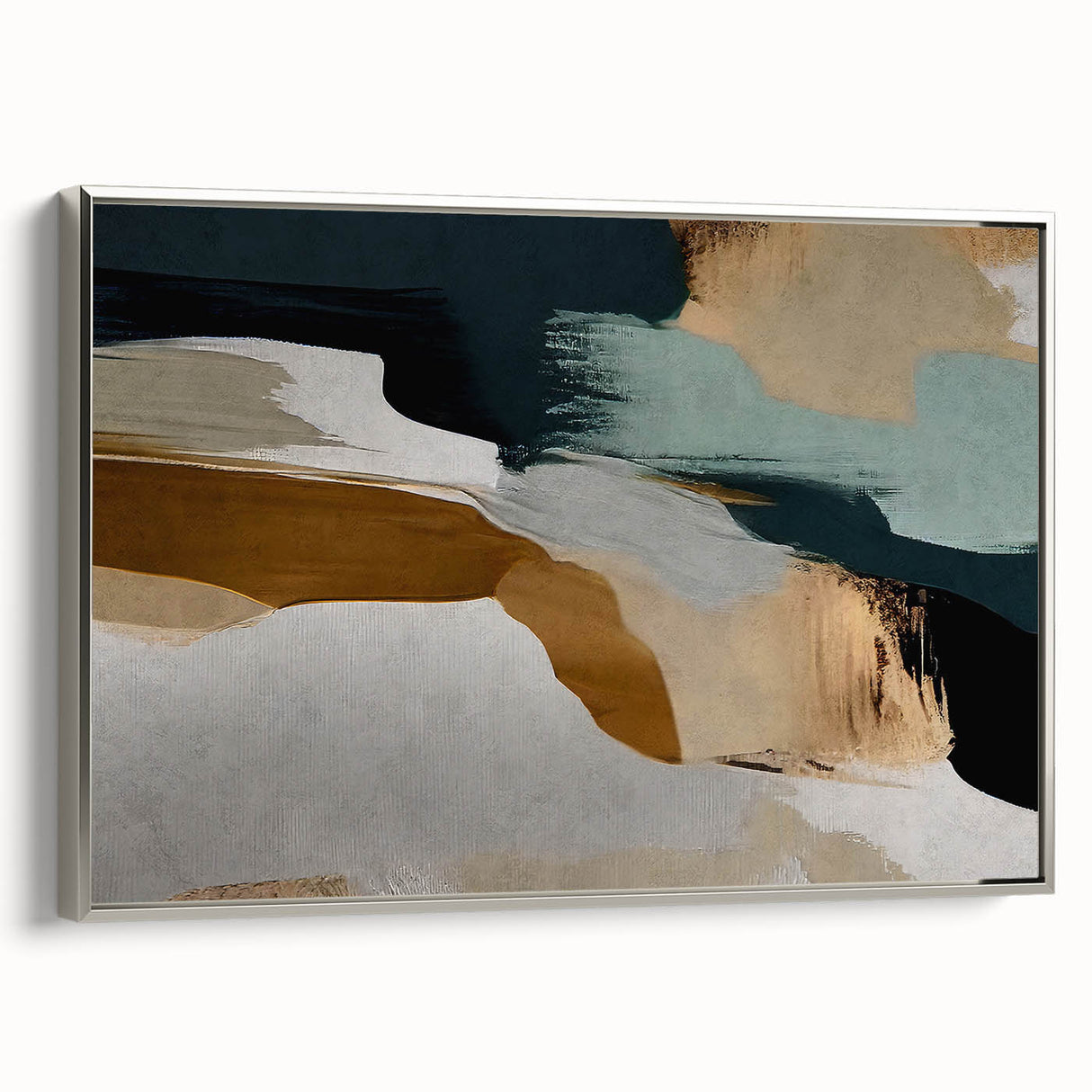 Framed wall art featuring abstract strokes and lines design in silver tones, showcasing a modern aesthetic. Perfect for contemporary home decor and artistic expression.