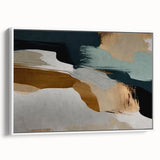 Framed canvas wall art featuring an abstract design with colorful strokes and lines, displayed in a sleek white frame, perfect for modern home decor.
