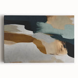 Abstract wall art featuring vibrant strokes and lines in shades of blue, orange, and yellow, designed for modern home decor. Stretched canvas view, ideal for contemporary spaces.