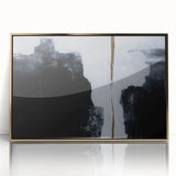 Framed wall art showcasing an abstract design with gold strokes and lines, set against a neutral background, perfect for modern home decor accents.