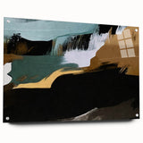 Abstract wall art featuring vibrant strokes and lines in a colorful design, showcased in an acrylic frame with visible pins holding it in place. The artwork adds a modern touch to any decor.