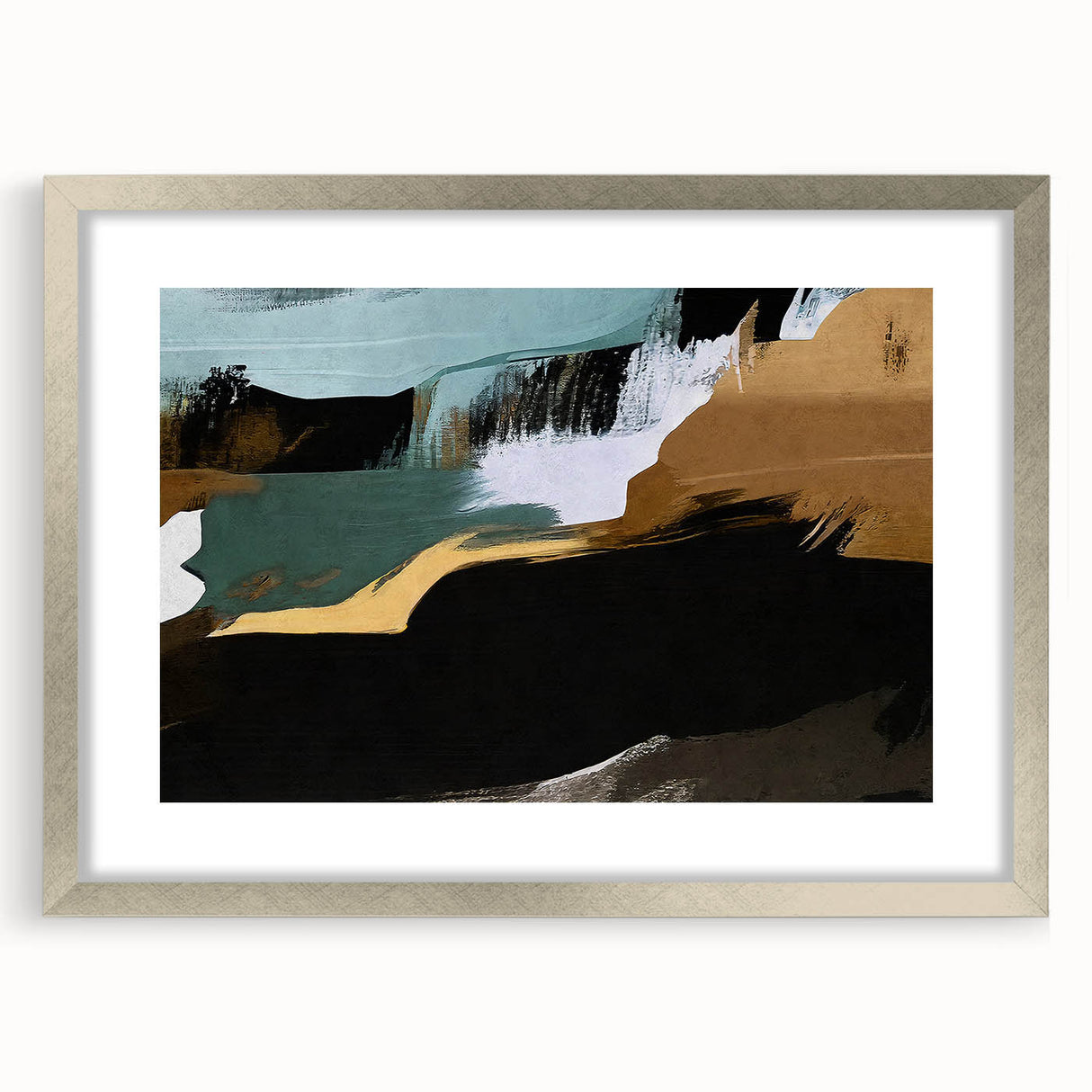 Abstract strokes and lines design in muted colors, showcased in a sleek silver frame with matting, ideal for modern home decor and artistic enhancement.