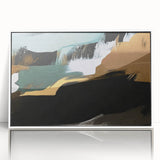 Framed acrylic wall art showcasing an abstract design of colorful strokes and lines, featuring a sleek white frame, ideal for modern home decor.