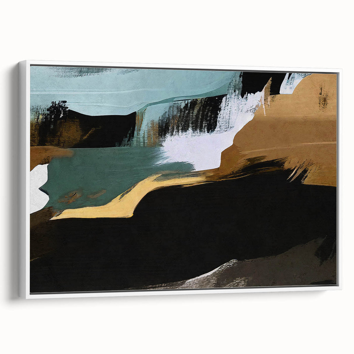 Framed canvas wall art showcasing an abstract design of colorful strokes and lines against a white background, perfect for modern home decor.