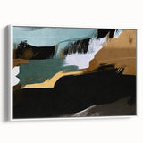 Framed canvas wall art showcasing an abstract design of colorful strokes and lines against a white background, perfect for modern home decor.