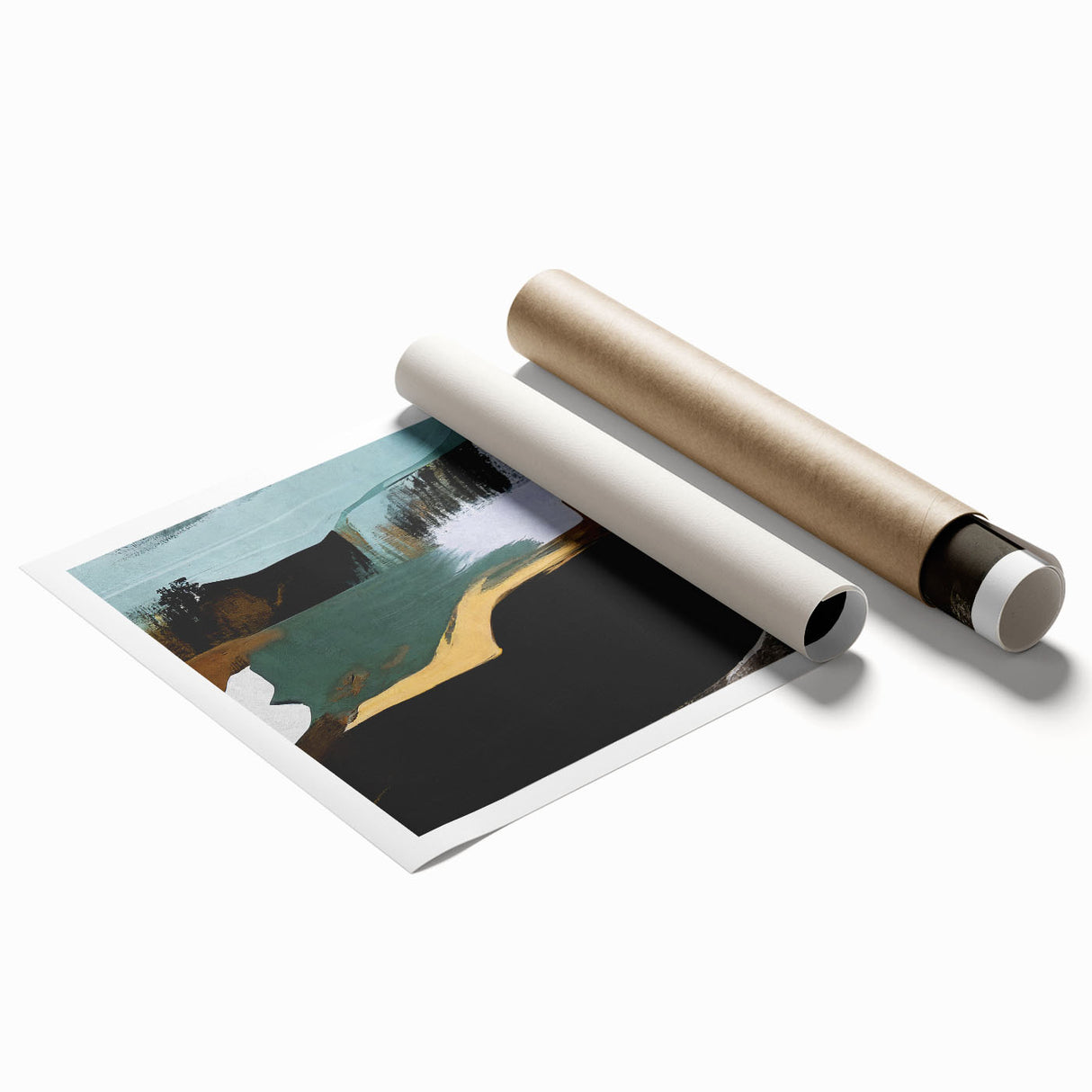 Abstract art print featuring dynamic strokes and lines in vibrant colors, ideal for modern home decor. The rolled canvas is packaged securely for delivery.