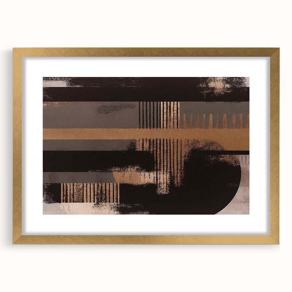Abstract strokes and lines design in a gold-framed wall art piece, showcasing a modern aesthetic. Ideal for contemporary home decor, this artwork adds elegance to any space.