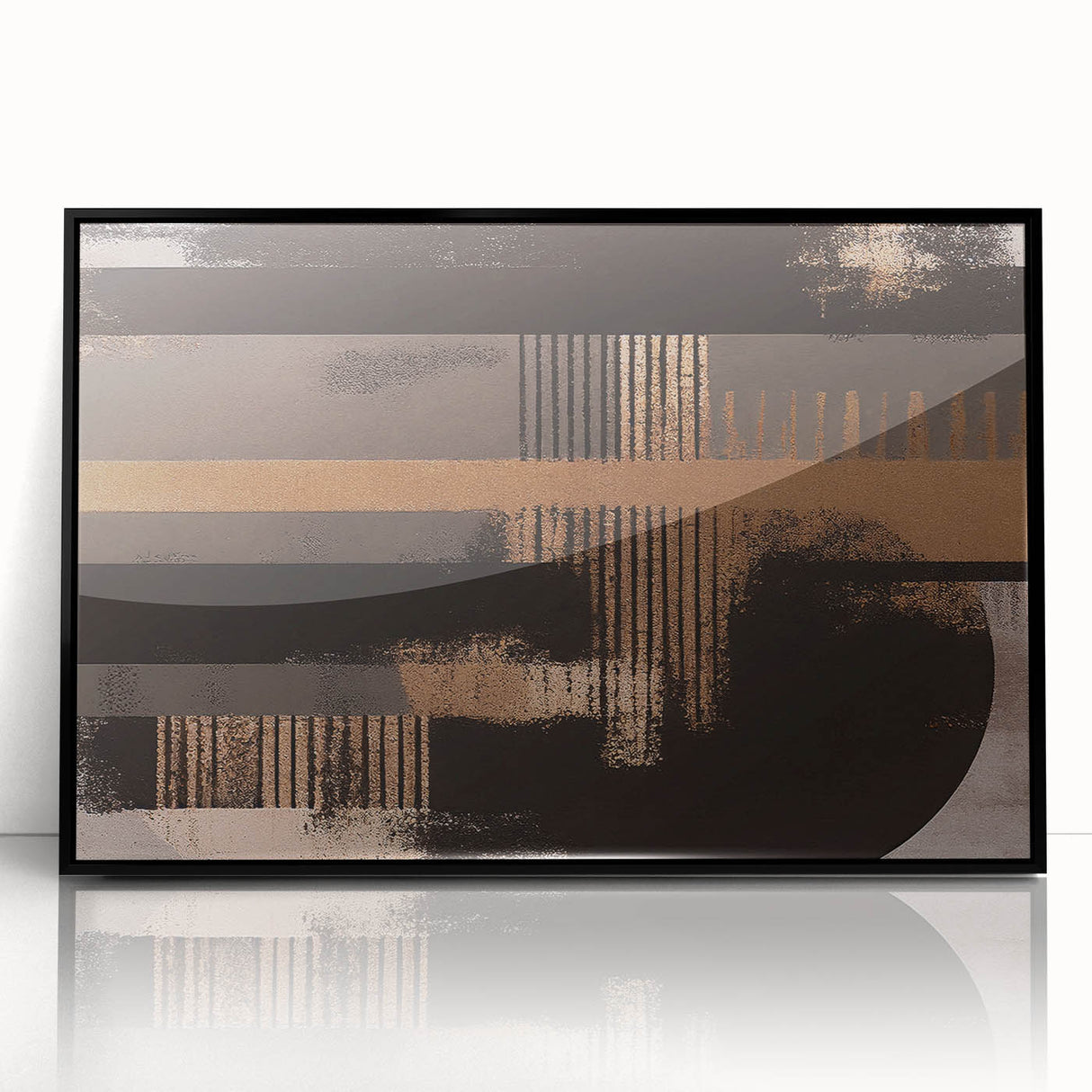 Abstract wall art featuring dynamic strokes and lines in vibrant colors, framed with a sleek black border, adding a modern touch to any decor.