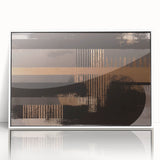 Framed acrylic wall art featuring a modern abstract design with colorful strokes and lines, set against a white background, perfect for contemporary decor.