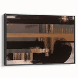 Framed canvas wall art showcasing an abstract design with bold strokes and lines in black and white, presented in a sleek black frame, perfect for modern decor.