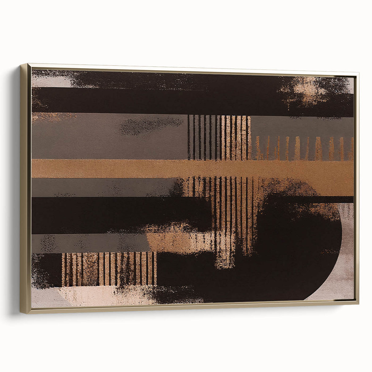 Framed canvas wall art showcasing an abstract design of gold strokes and lines on a white background, perfect for modern decor. Ideal for enhancing living spaces.