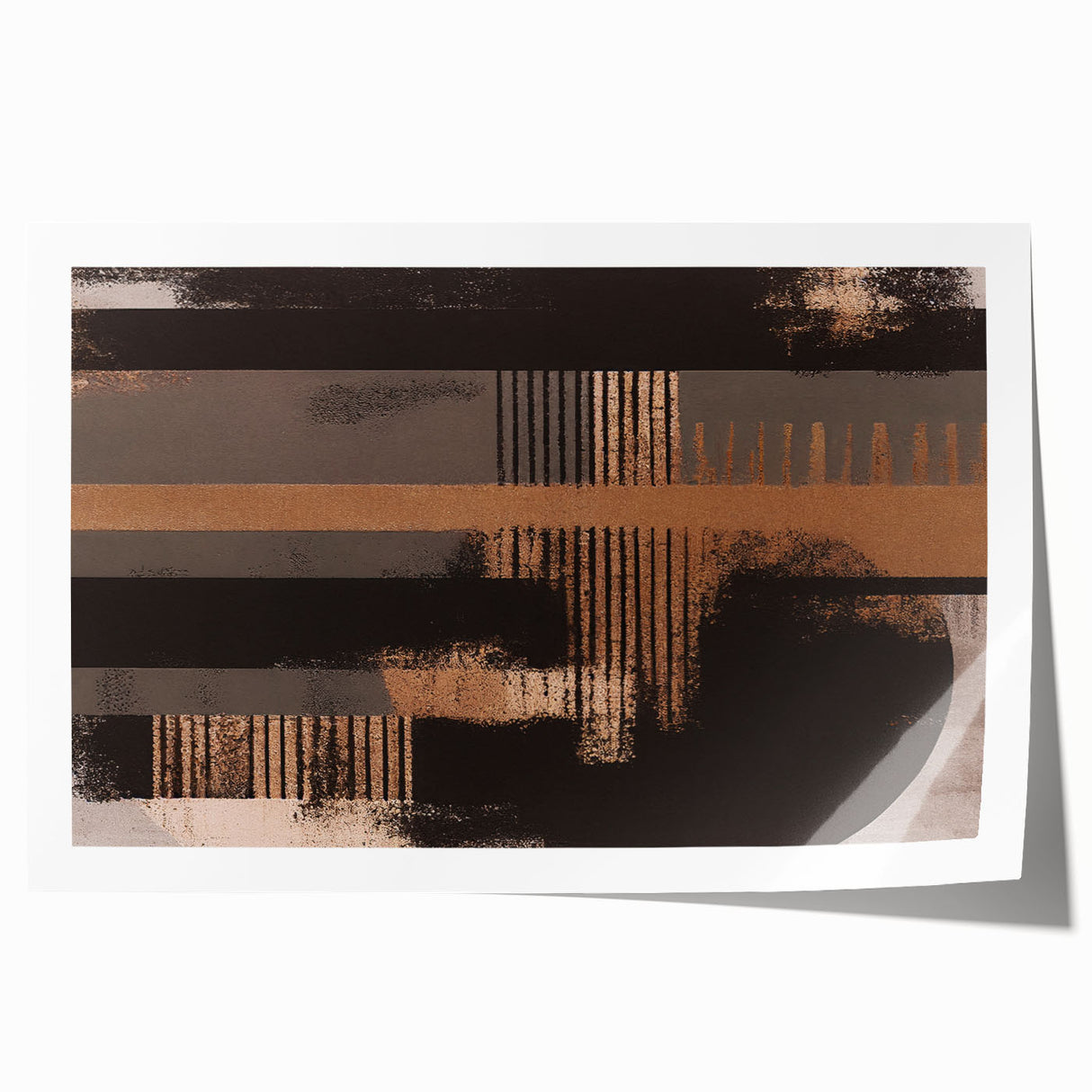 Abstract wall art print featuring vibrant strokes and lines in shades of blue, orange, and gold, rolled and ready for display in a modern decor setting.