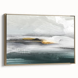 Framed wall art featuring an abstract design with gold strokes and lines, elegantly displayed from the side, perfect for modern home decor.