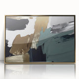 Framed wall art featuring an abstract design of colorful strokes and lines in gold and cream tones, perfect for modern home decor. This elegant piece adds a touch of sophistication to any room with its artistic flair and dynamic composition.