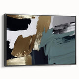 Framed canvas wall art showcasing an abstract design with dynamic black strokes and lines, presented in a side view to highlight its sleek profile and contemporary aesthetic. Ideal for modern home decor, this artwork adds a bold touch to any space.