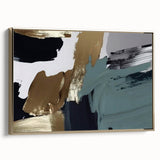 Framed canvas artwork showcasing an abstract design of gold strokes and lines, elegantly displayed in a side view, perfect for modern home decor.